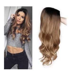 Women Long Wavy Synthetic Wig Brown Middle Part Heat Resistant Full Wig Costume